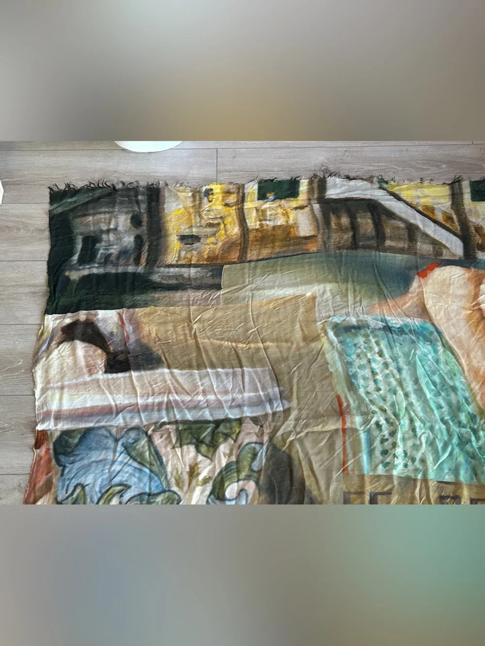 Suzi Roher Italy Multi Color Surreal Cafe Art Modal Silk Large Square Scarf Wrap